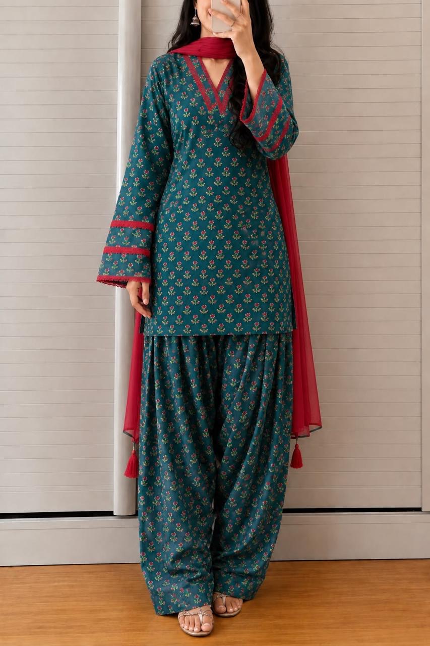 Teal Floral Farshi Co-ord Set 3