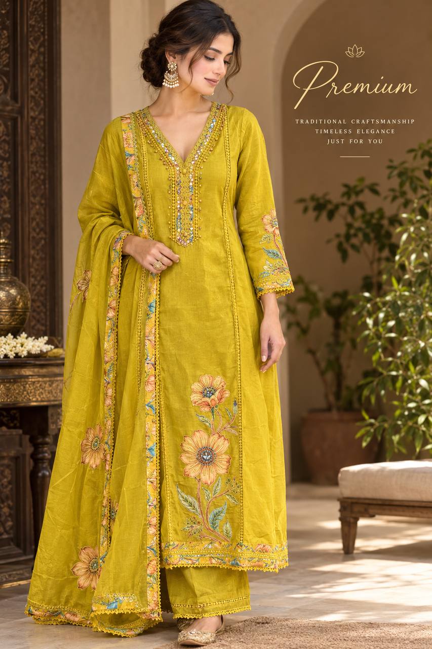 Yellow Floral Twill Organza Unstitched Suit Set