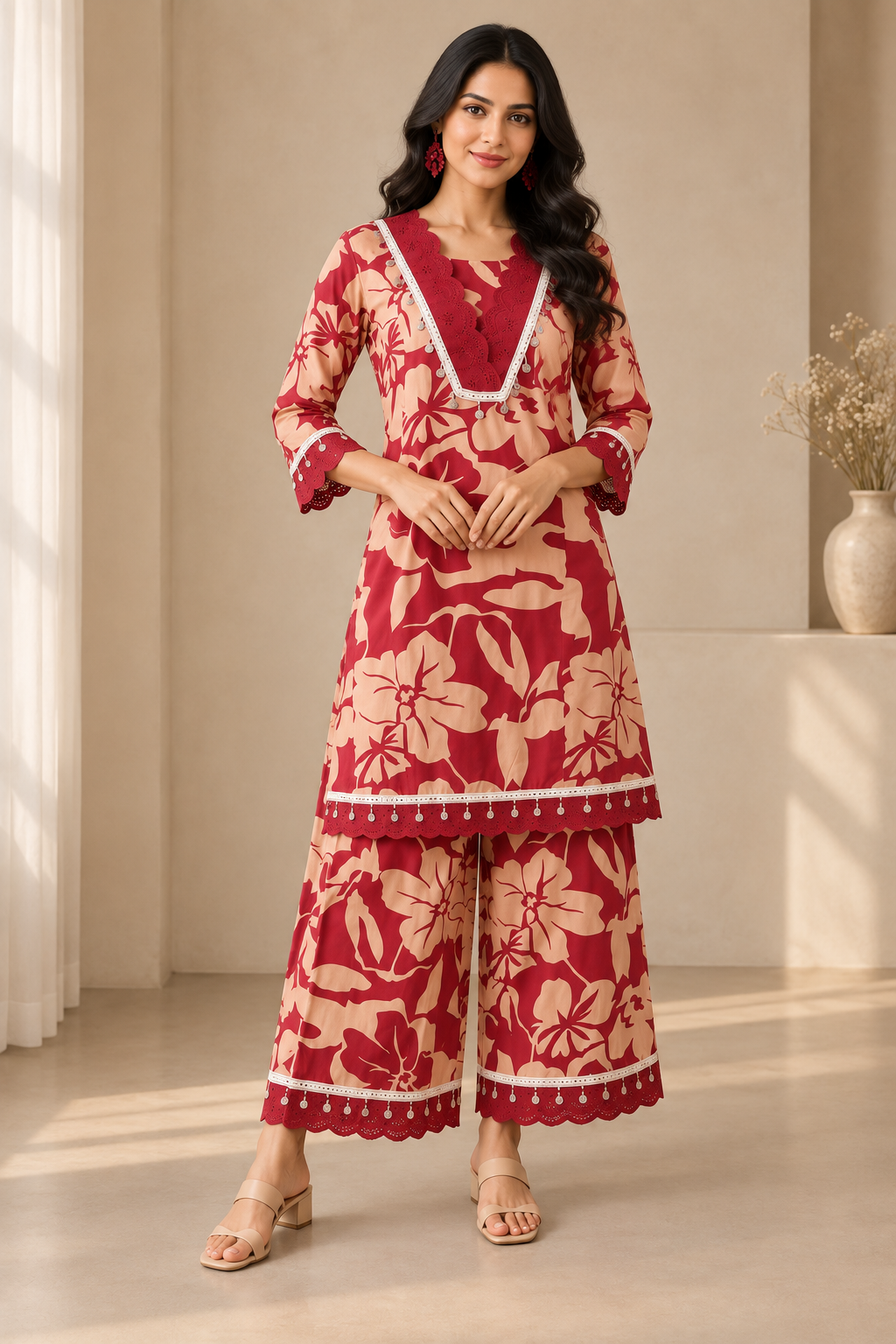 Red Floral Wide-Leg Co-ord Set